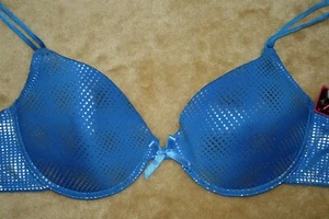 Blue 34C Plunge Bra With Silver Squares All Over It & Bow - Picture 1 of 4