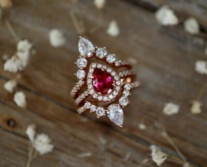 Exquisite Pear Cut Lab Created Ruby Rose Gold Plated on Silver Art Deco Ring Set - Picture 1 of 7