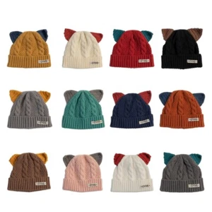 Bonnet Cap Cute Cat Ear Crochet Knitted Hat Ear Protections Hat Soft Winter Hat - Picture 1 of 20