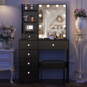 Schminktisch Frisiertisch Kosmetiktisch Mit Hocker, 6 Schubladen und LED Spiegel - Bild 1 von 12