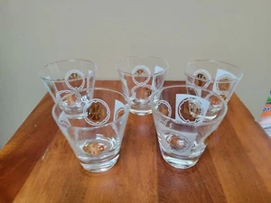 Vintage MCM Double Size Shot Glasses- Gold White Medallion Overlay Mid Century - Picture 1 of 4