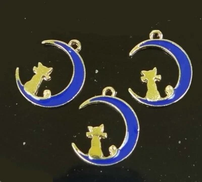 Colgante 6 dijes de metal chapado en oro esmalte azul gato sobre luna 17x13 mm Foto 1 de 2