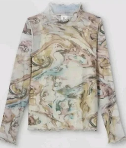 Watercolor Marble Edge Mock Neck Mesh Top Cami shirt Cream Sz 6/6x girls S Ivory - Picture 1 of 8