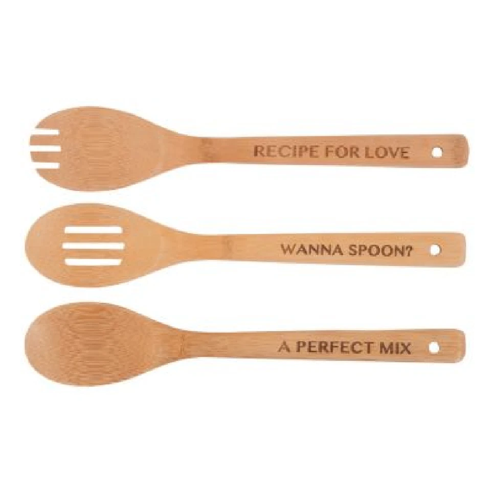 NUEVO Utensilios de cocina de bambú Juego de 3 piezas cucharas de regalo en 3 estilos con texto Foto 1 de 1