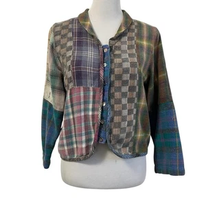 Vintage zitronfarbene Santa Monica karierte Flanell Patchwork Strickjacke Gr. Medium mehrfarbig - Bild 1 von 9