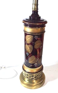 Vintage Ruby Red Cranberry Glass Table Lamp Painted Grapes w/Gold Leaves Brass - Picture 1 of 7