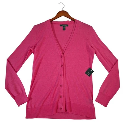 Cardigã suéter feminino Lauren Ralph Lauren gola V pequeno linho rosa algodão - Imagem 1 de 4