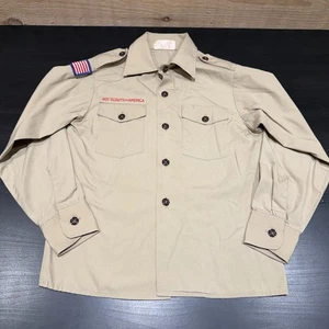 Uniforme vintage Boy Scouts of America manica lunga giovane grande 12 beige marrone made in USA - Foto 1 di 8
