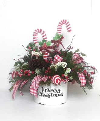 New Custom "PEPPERMINT SWEETS"  Christmas Table Centerpiece Floral Arrangement - Image 1 of 4