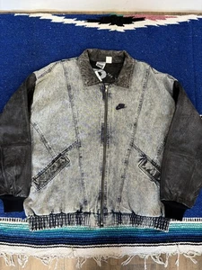 Vintage Nike Force Jacket Mens XL Acid Wash Denim Leather Sleeves Basketball 90s - Picture 1 of 21