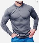 Mens Polo Shirts Long Sleeve Cotton Fashion Golf Tops Muscle Fit Light Grey