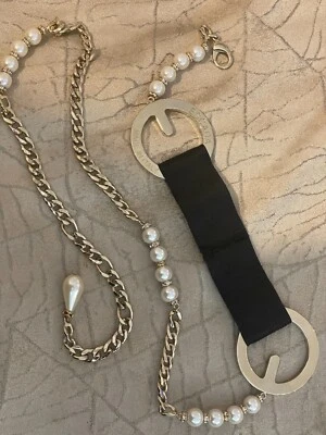 Vintage Escada Belt Stamped Italy Gold Pearl Rhinestone Satin Logo Belt Rare 36" - Image 1 of 4