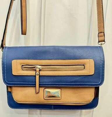 SIMPLY NOELLE Shoulder Bag Purse Crossbody Adjustable Strap Blue Camel Leather - Image 1 of 4
