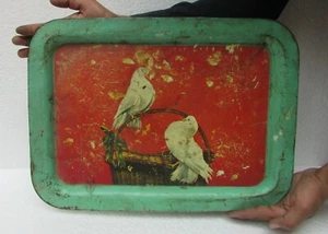 Bandeja de servir antigua de colección hermosa bandeja de tamizado de hojalata con impresión litográfica de pájaro coleccionable - Imagen 1 de 9