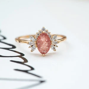Strawberry Rose Quartz Ring Oval Pink Princess Crystal Statement Proposal Gift - Picture 1 of 8