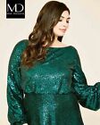 NEW Mac Duggal Emerald Green  Dress Black Lace Back Balloon Sleeves Plus 24W NWT