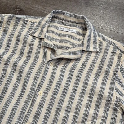 Zara Shirt Mens Small Stripe Camp Textured StripeCotton Pocket Costal Casual - Image 1 of 4