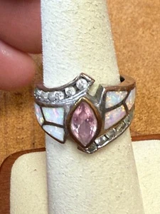 Vintage Marquise Pink Opal Stone 925 Sterling Silver Statement Ring Size 6 4596 - Picture 1 of 4