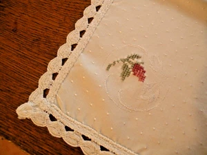 Vintage Polished Cotton Embroidered Tablecloth with Purple Flowers, Lace Trim - Picture 1 of 4
