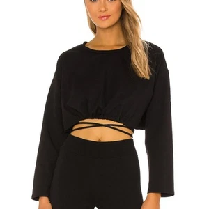 H:ours Black Wrap Tie Waist Crop Top MEDIUM Sweatshirt Long Sleeve $110 NEW - Picture 1 of 9