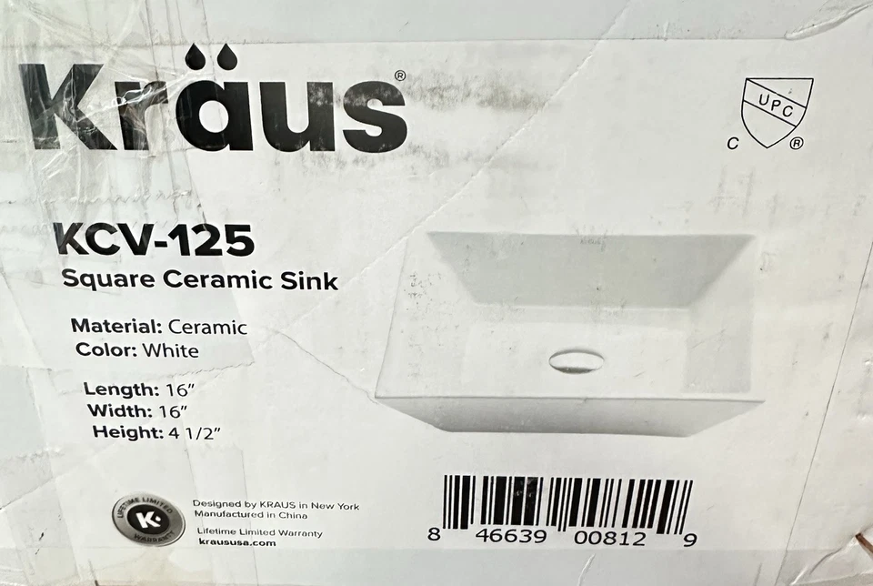 Fregadero de cerámica cuadrado blanco Kraus de 16"" con 4 1/2"" de profundidad, resistente a las manchas (KCV-125) Foto 1 de 1