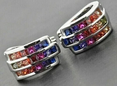 2Ct Princess Cut Lab Created  Multi-Gemstone Hoop Earrings 14K White Gold Plated - Image 1 of 3