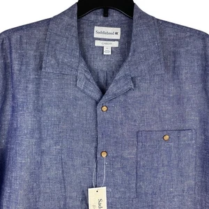 NWT Saddlebred XL Men’s Blue Linen Cotton Blend Short Sleeve Button Up Shirt - Picture 1 of 5