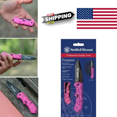 Pink Assisted Opening Knife with 2.5 Inch Drop Point Blade and Aluminum Handle - Image 1 of 4