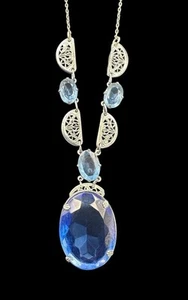 Art Deco Blue Czech Glass Silver Filigree Lavalier Style Necklace Estate Vintage - Picture 1 of 13