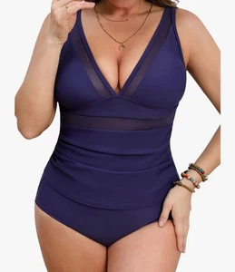 CUPSHE Women’s Plus Size Tankini Sets Deep V Neck Mesh Two Piece Swimsuits 0X - Picture 1 of 3