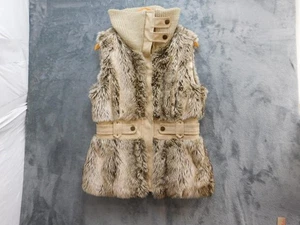 BKE Faux Fur Vest Womens Large Beige Gray Hooded Ribbed Knit Winter Layer Cozy - Picture 1 of 13