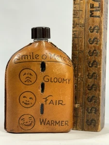 VTG STERLING ILL GLASS LEATHER POCKET BOOT WHISKEY SHOT FLASK SMILE O' METER - Picture 1 of 7