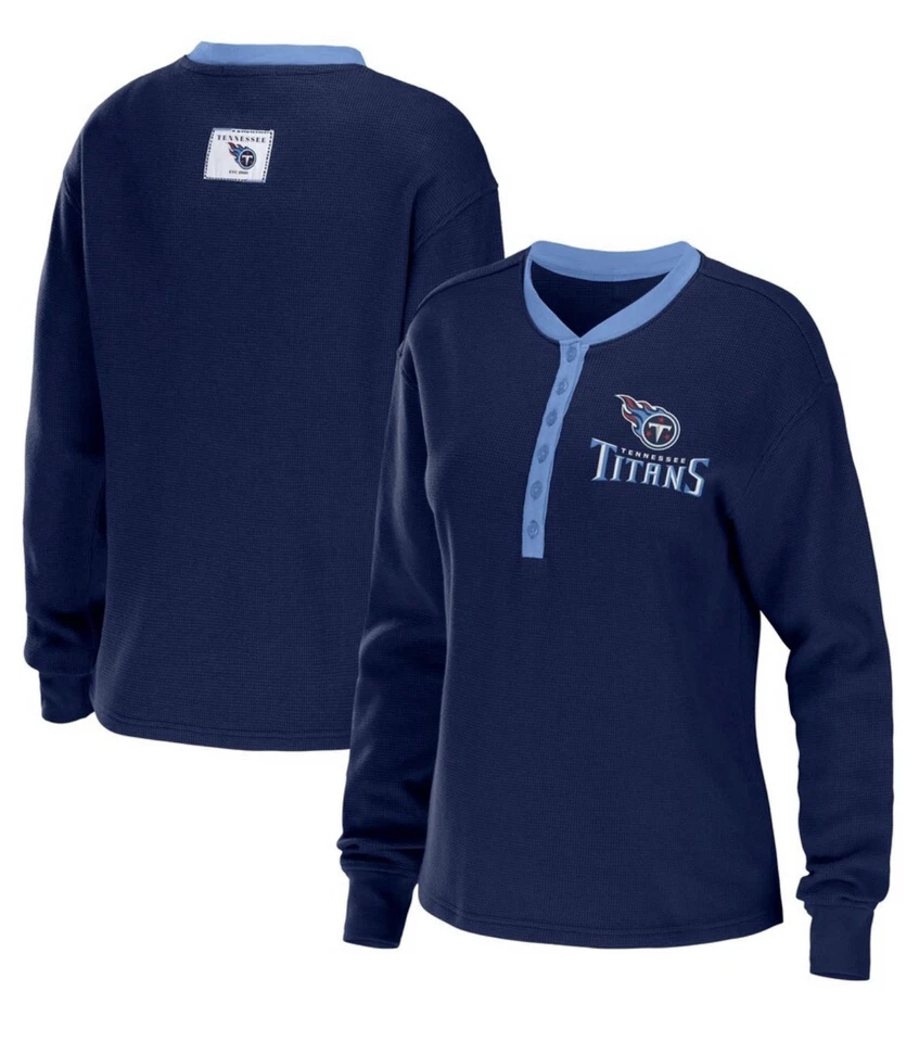 Camiseta para mujer Tennessee Titans azul marino waffle Henley manga larga precio de venta sugerido por el fabricante $50 Foto 1 de 1