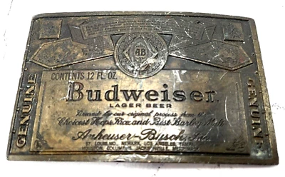 Hebilla de latón Budweiser Lager genuina de colección de los años 70 por Anheuser-Busch Beer Foto 1 de 4