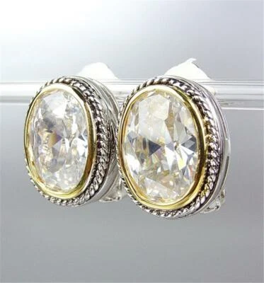 GORGEOUS Faceted Clear Quartz Crystal Silver Cable Gold Oval Clip On Earrings - Image 1 of 3
