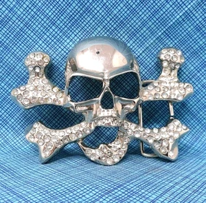 Skull Crossbones Belt Buckle Open Work Rhinestones Biker Halloween Vtg   .PCB018 - Picture 1 of 7