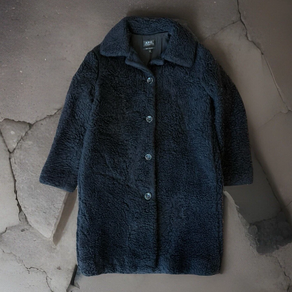 APC Shearling Jacket 34 Black Wool Cotton Long Tench Sherpa Outerwear New York - Image 1 of 4