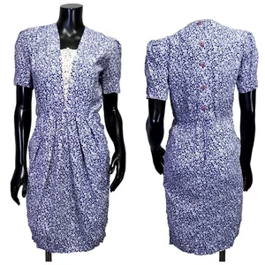Vintage 80s Karin Stevens Lace Bib Cottage Core Floral S/S Sheath Dress Career - Picture 1 of 10