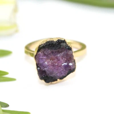 Натуральный необработанный розовый сапфир регулируемый золото гальваническое кольца подарки для нее - Изображение 1 из 2