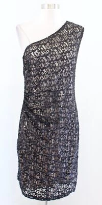 Vestido de cóctel David Meister negro de malla con encaje con un hombro lentejuelas talla 12 Foto 1 de 4