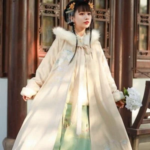 Windbreaker Fur Hooded Cloak | Fleece Embroidered Winter Cape - Picture 1 of 8