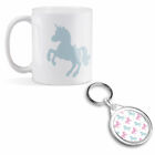 Mug And Round Keyring Set   Pink Teal Unicorn Patter Horse 46114