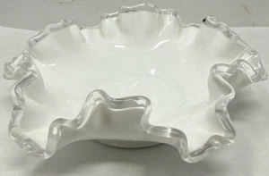 Vintage Fenton White Milk Glass Silver Crest Ruffle Rim 6" Candy Trinket Dish - Picture 1 of 5