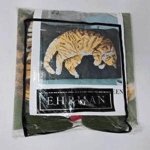 EHRMAN MARMALADE CAT GREEN NEEDLEPOINT TAPESTRY PILLOW COVER KIT ELIAN MCCREADY - Picture 1 of 3