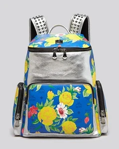 .MCM Backpack Rucksack Paradiso Silver Blue Floral Studded Straps Visetos New - Picture 1 of 5
