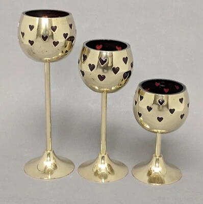 Votive Candle Holder Brass Red Glass Liner Heart Cutouts 3"D  6-7.5-9"Tall Set/3 - Image 1 of 4
