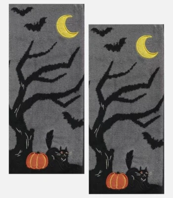 Набор из 2 хлопковых полотенец для рук Halloween Spooky Scene Black Cat Pumpkin Moon - Изображение 1 из 4