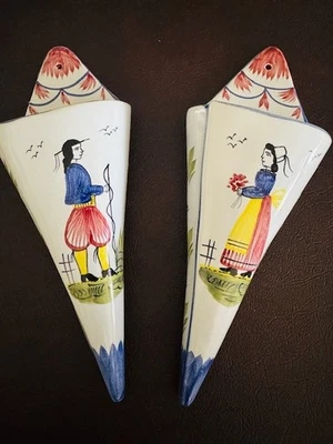 Antique Pair H. B. HENRIOT Quimper French Faience Wall Pockets Vase Matching Set - Image 1 of 4