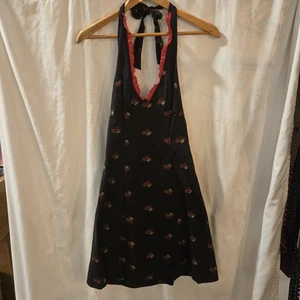Morbid Threads schwarzes Kleid bestickt Kirschen Medium Neckholder Top Vintage 90er - Bild 1 von 6