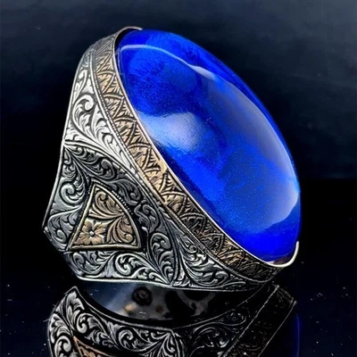 Anillo hecho a mano estilo otomano zafiro azul grande plateado para hombre Foto 1 de 4